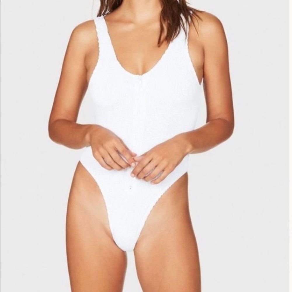 White Zipper Front One-Piece Swimsuit - Picture 2 of 10